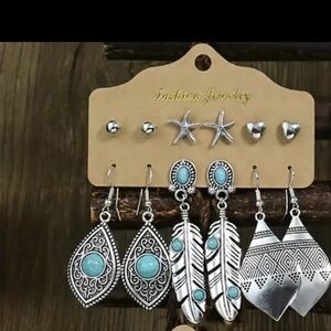 NEW Earrings, 6 pairs, faux turquoise, dangle and studs, silvery antique finish